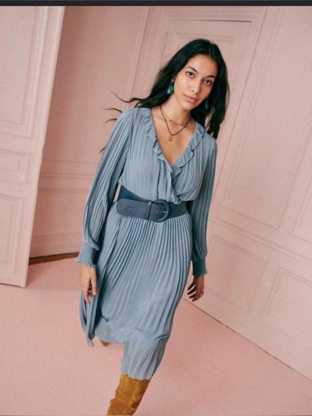 Sezane Pleated V‑Neck Maxi Dress in Slate Blue